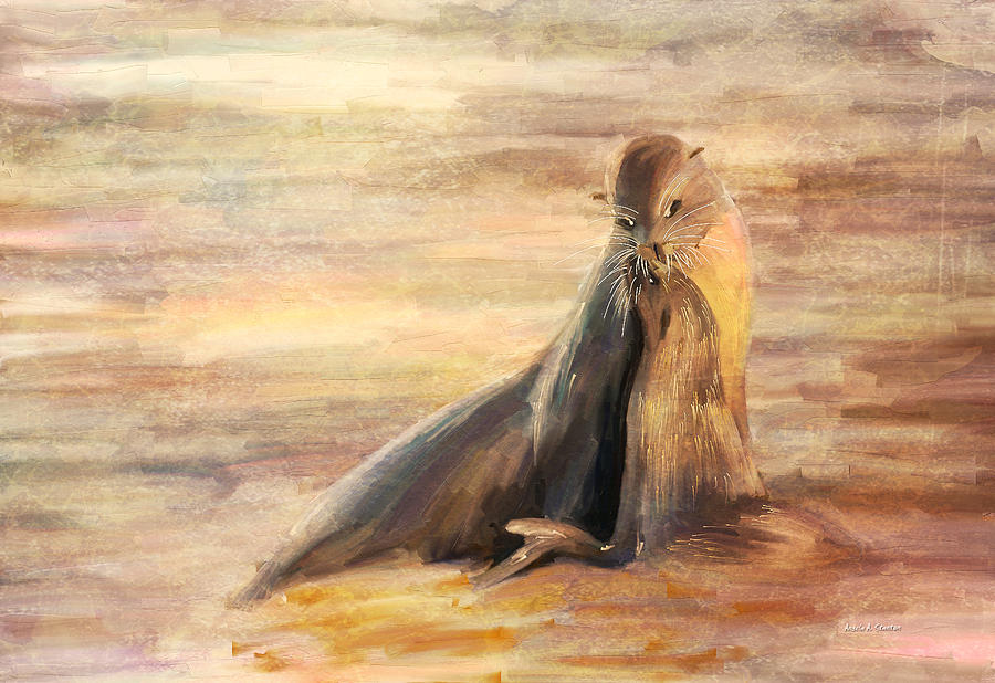 Sea Lion Mom and Pup Love on Galapagos Island Painting by Angela Stanton