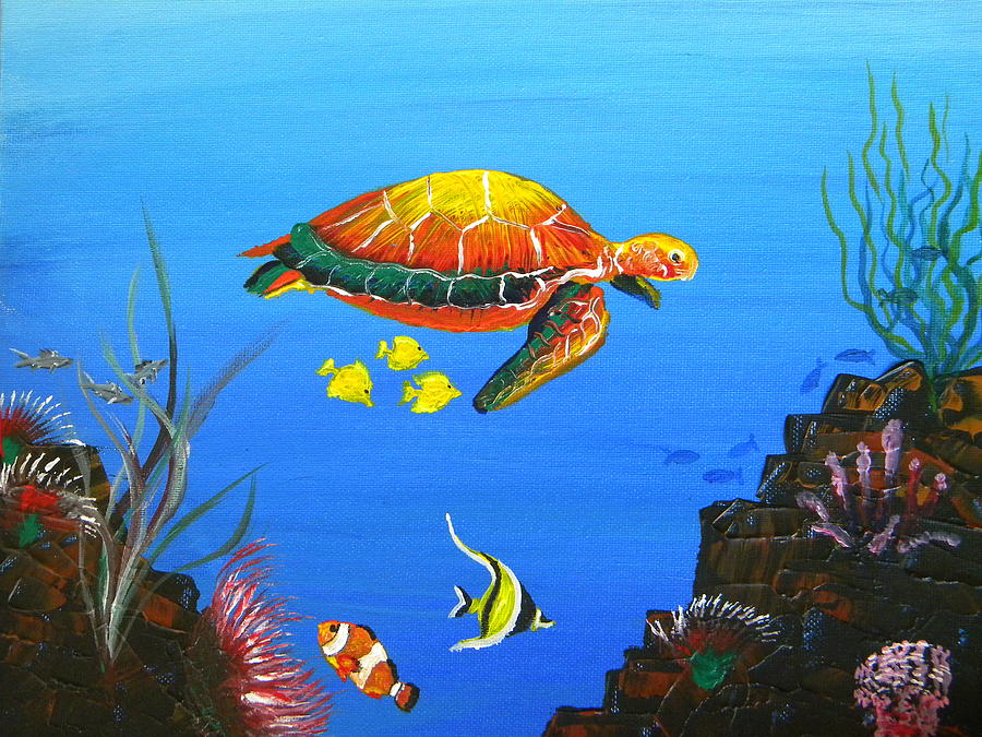 Sea Turtle and Topical Fish Painting by Eric Johansen