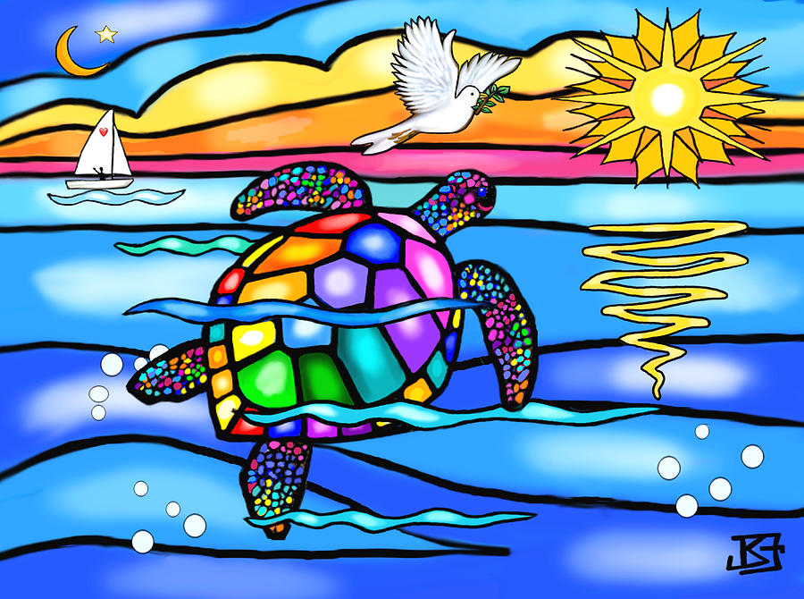 Sea Turtle in Turquoise and Blue Digital Art by Jean Batzell Fitzgerald
