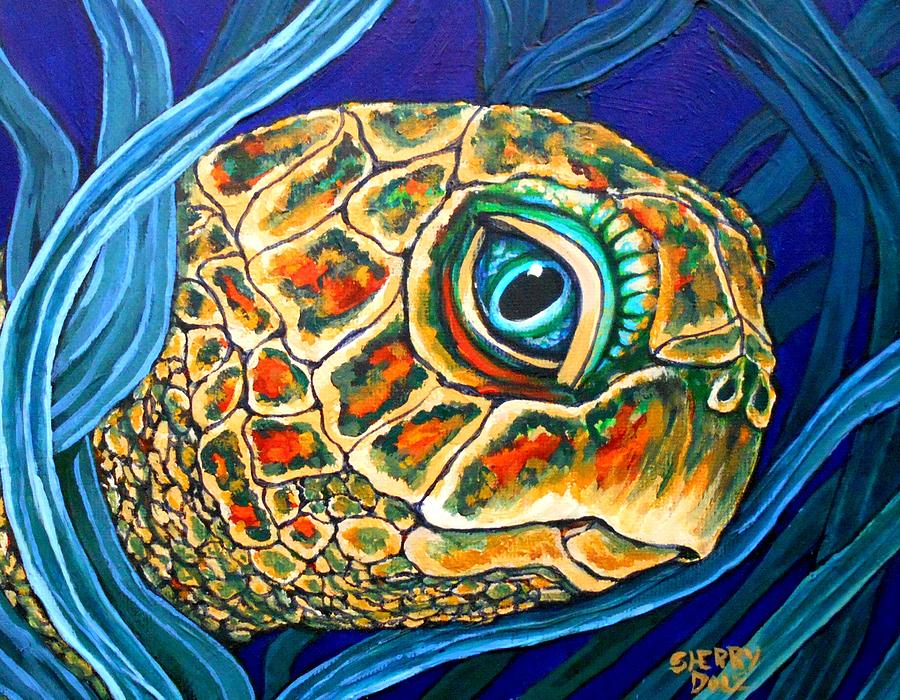 Sea Turtle Portrait Painting by Sherry Dole