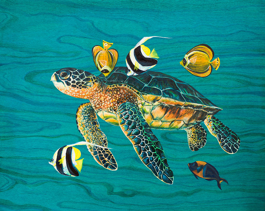 Turtle Painting - Sea Turtle with Fish by Emily Brantley