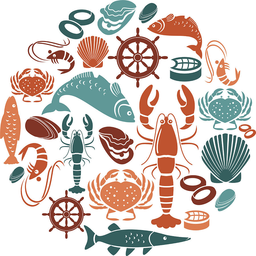 Seafood and Fish Icon Set Drawing by TheresaTibbetts