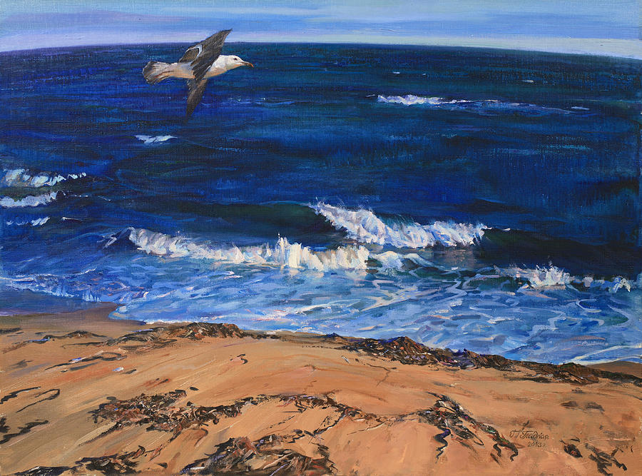 Seagull Flying Along The Surf Painting by Galina Gladkaya