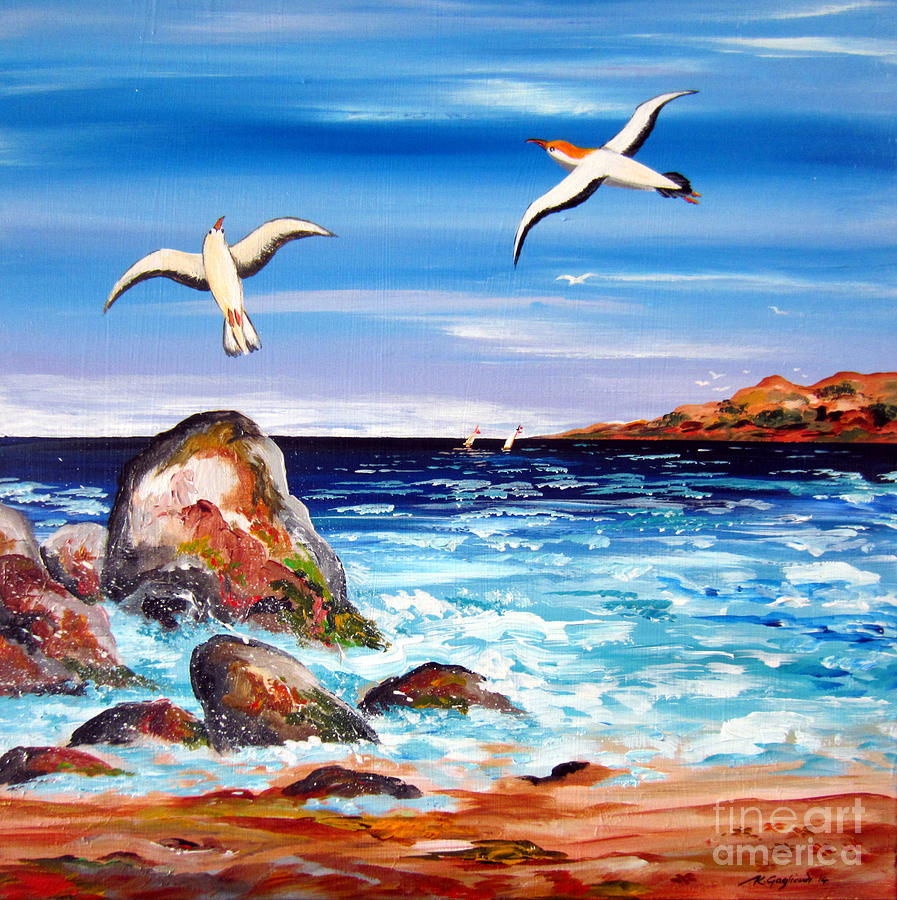 Seagulls by the Rocks downsouth Western Australia Painting by Roberto Gagliardi
