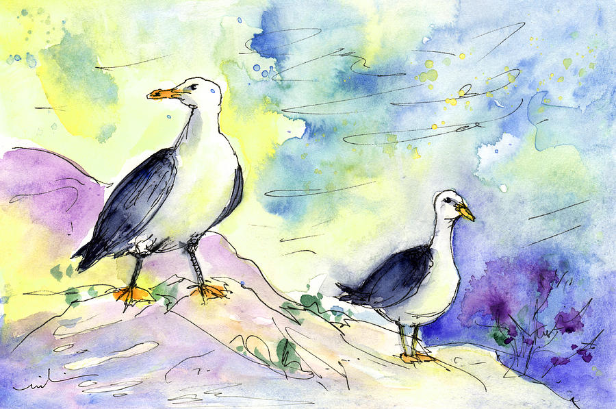 Bird Painting - Seagulls in Calpe in Spain by Miki De Goodaboom