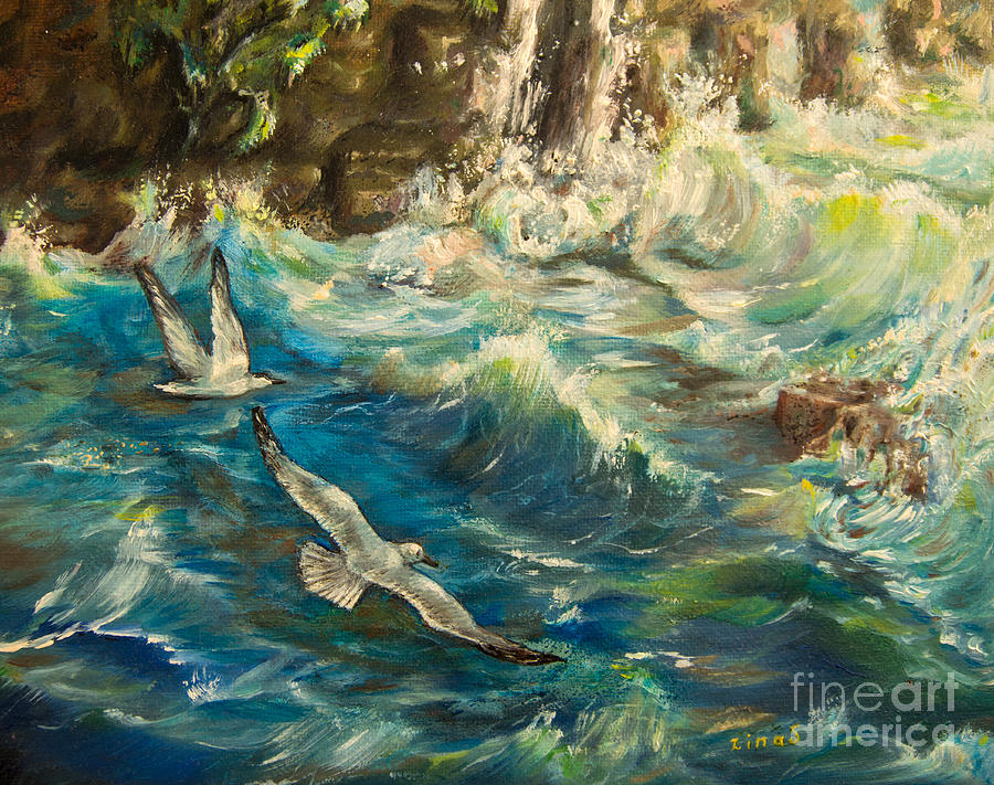 Seagulls over the rough sea Painting by Zina Stromberg