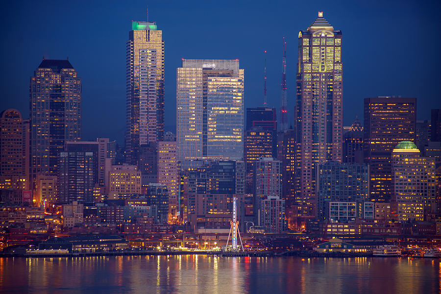 Seattle Photograph - Seahawks 12th Man Seattle Skyline at Dusk by Mike Reid