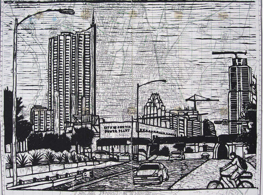 Austin Drawing - Seaholm on Map by William Cauthern