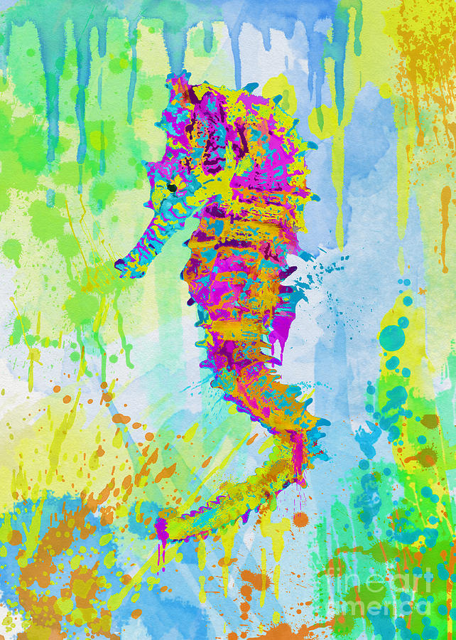 Seahorse In Watercolor Splatters Mixed Media by Olga Hamilton