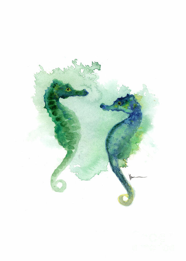 Seahorse Painting - Seahorses watercolor art print painting two seahorses artwork by Joanna Szmerdt