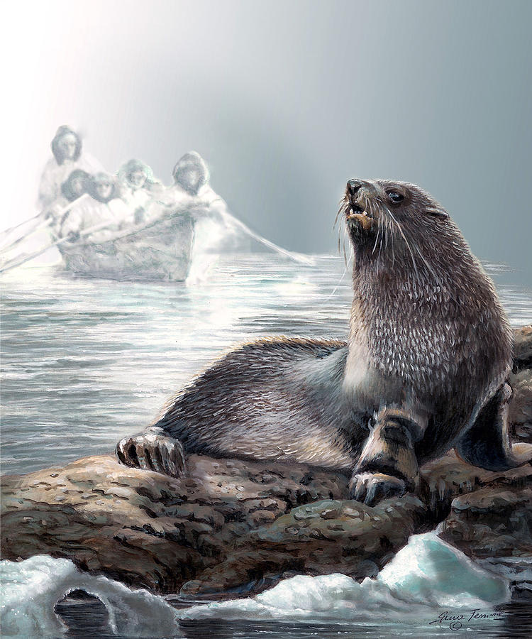 Harp seal and native hunters Painting by Regina Femrite