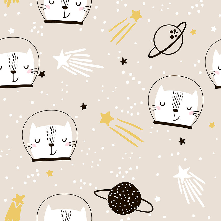 Seamless childish pattern with cute cats astronauts. Creative nursery background. Perfect for kids design, fabric, wrapping, wallpaper, textile, apparel Drawing by SolodkayaMari