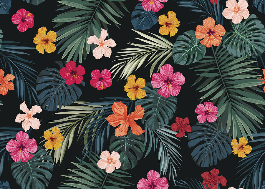Seamless hand drawn tropical vector pattern with bright hibiscus flowers and exotic palm leaves on dark background Drawing by MsMoloko