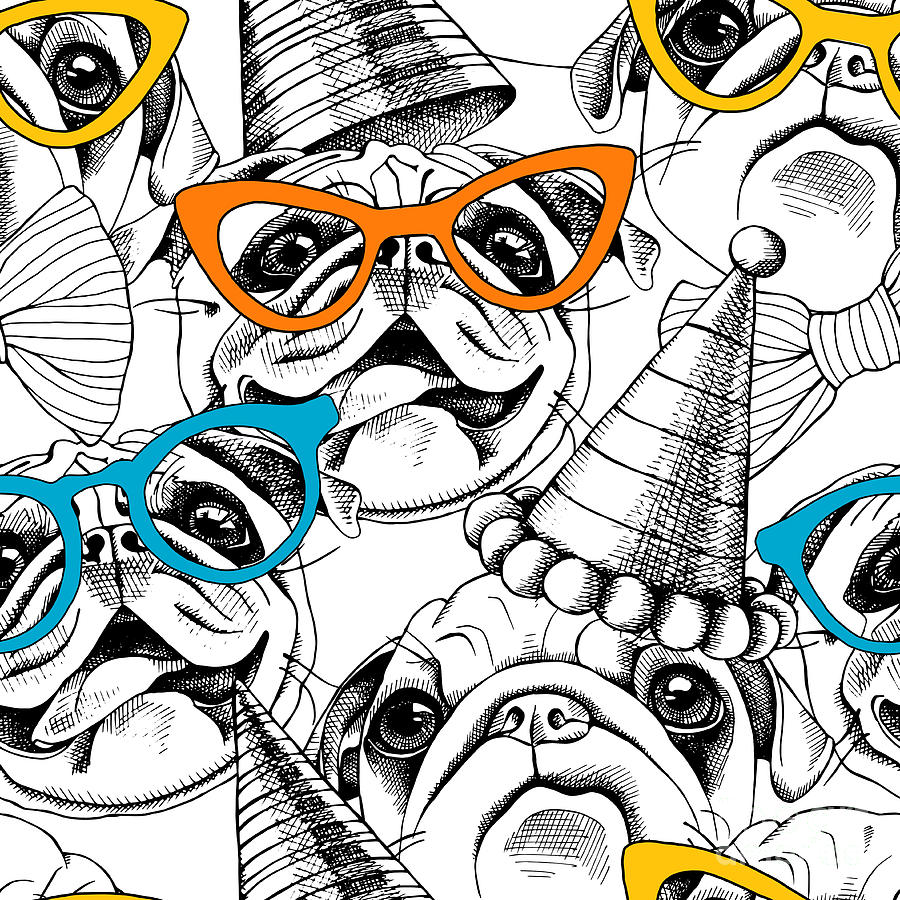 Birthday Digital Art - Seamless Pattern With Image Of A Pug by Afishka