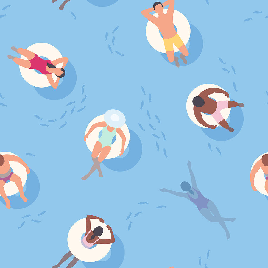Seamless Summer Background with People relaxing on Inflatable Rings Drawing by Jamielawton