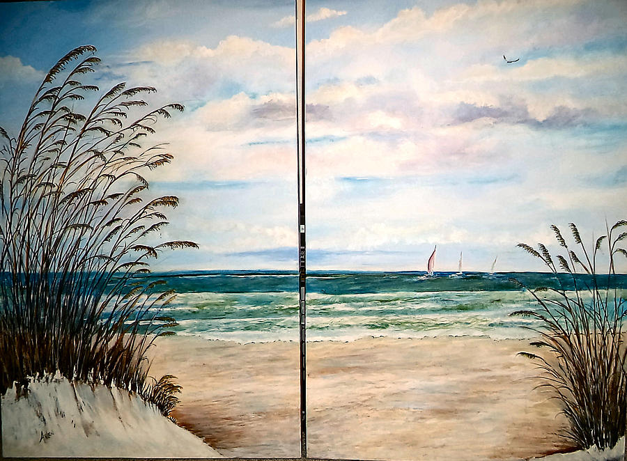 Beach Painting - Seaoats on the beach by Arlen Avernian - Thorensen
