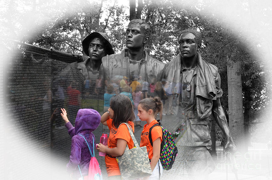 Flag Photograph - Searching a loved Ones Name on the Vietnam Veterans Memorial Altered Version II by Jim Fitzpatrick