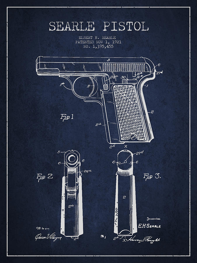 Vintage Digital Art - Searle Pistol Patent Drawing from 1921 - Navy Blue by Aged Pixel