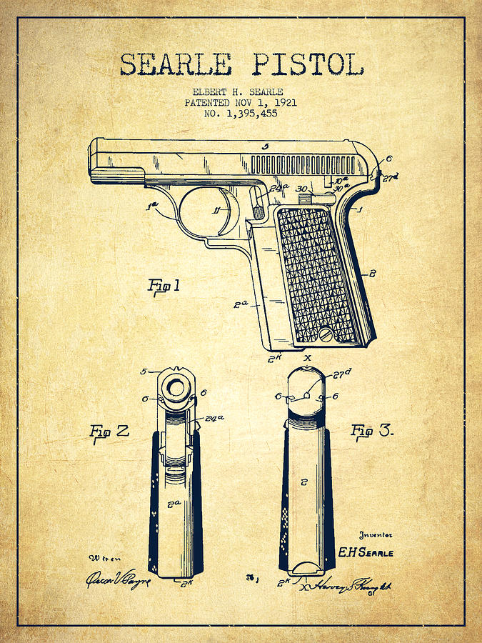 Searle Pistol Patent Drawing From 1921 - Vintage Digital Art