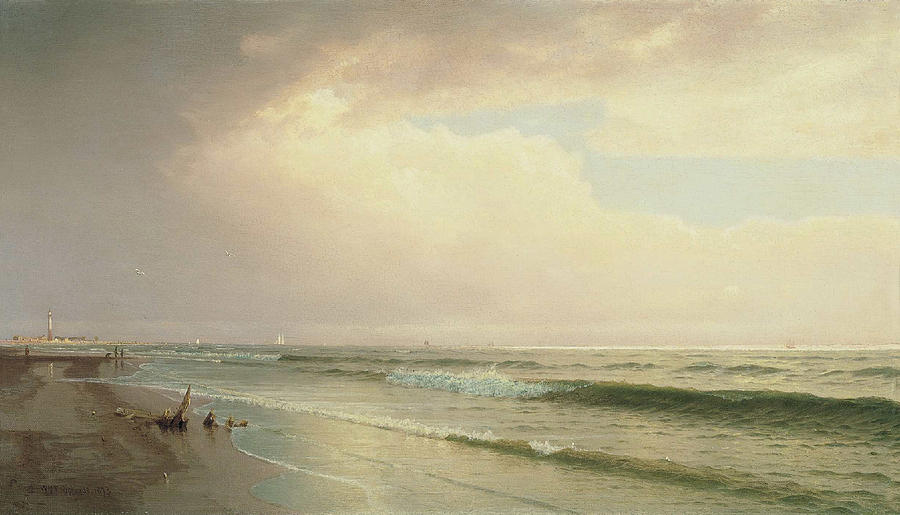 Seascape with Distant Lighthouse Atlantic City New Jersey Painting by William Trost Richards