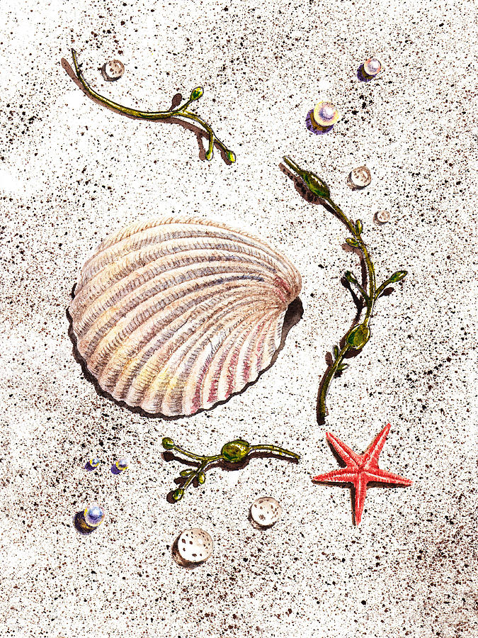 Seashell Sea Star And Pearls On The Beach Painting by Irina Sztukowski