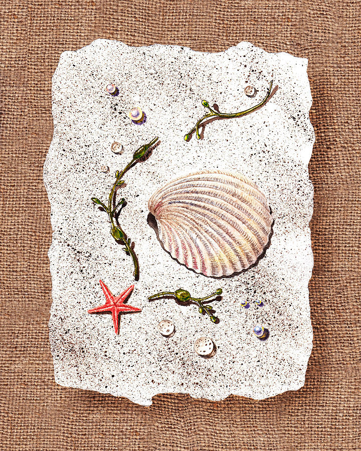 Seashell Painting - Seashell With Pearls Sea Star And Seaweed by Irina Sztukowski Seashell Painting - Seashell With Pearls Sea Star And Seaweed by Irina Sztukowski