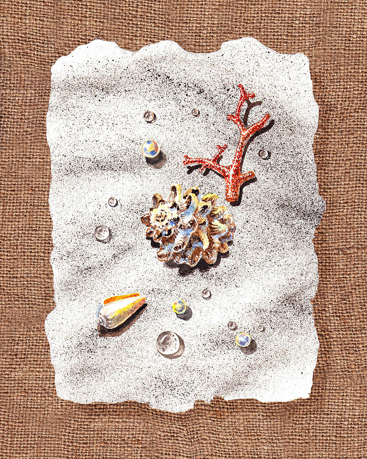 Seashells Coral Pearls and Water  Drops Painting by Irina Sztukowski