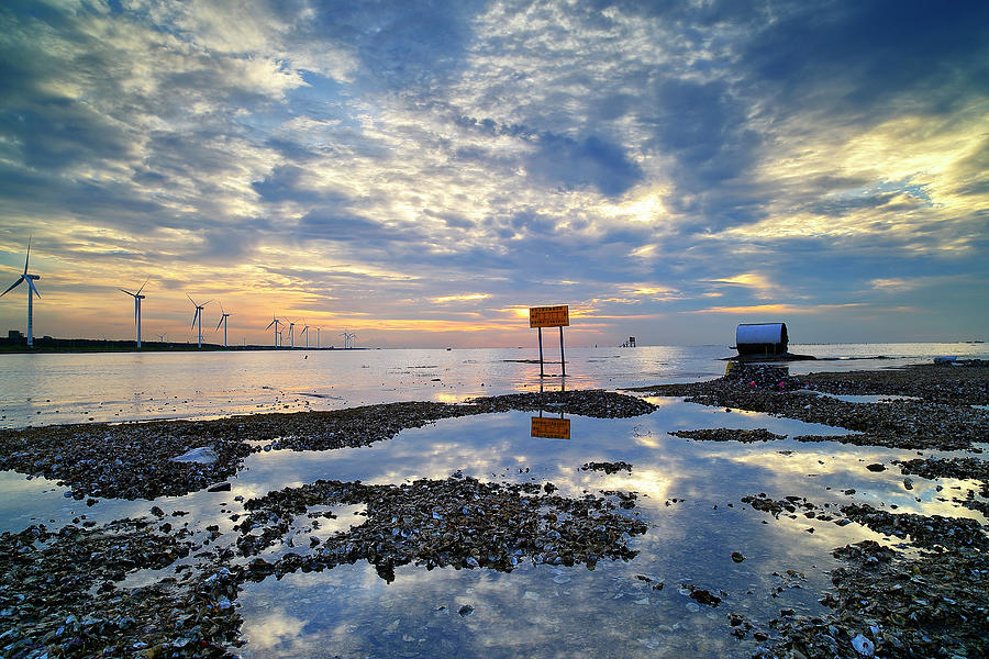 Seashore With Wind Turbines At Dusk Photograph by Thunderbolt tw (bai Heng-yao) Photography