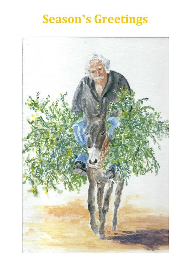 Seasons greetings card with donkey  Painting by David Capon