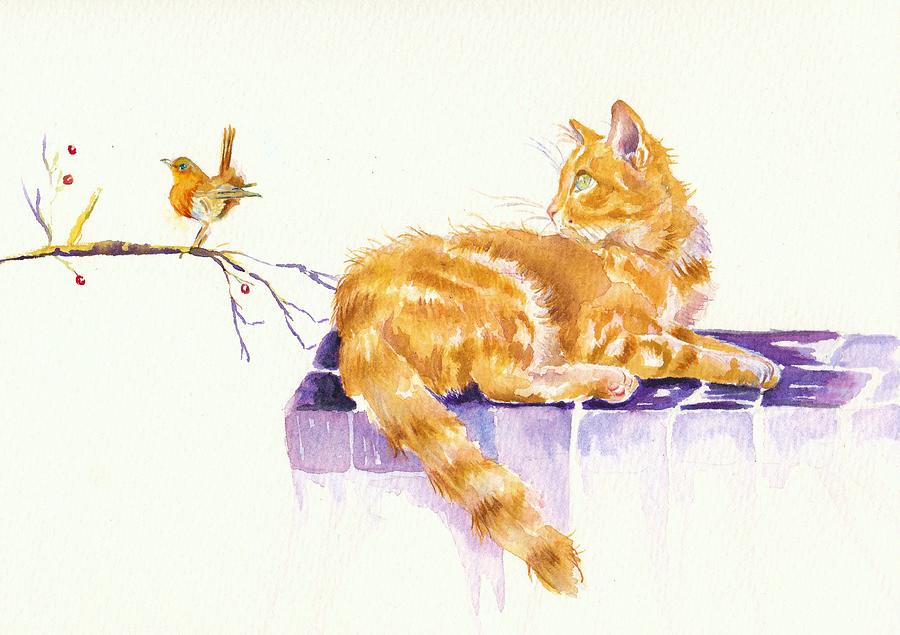 Seasons Greetings - Cat and Robin Painting by Debra Hall