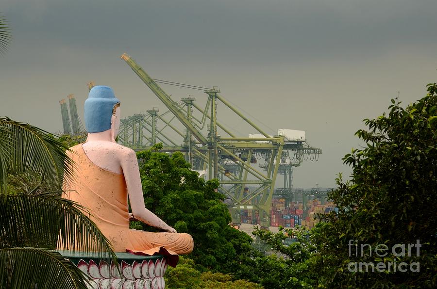 Seated Buddha views busy seaport Singapore Haw Par Villas Photograph by Imran Ahmed