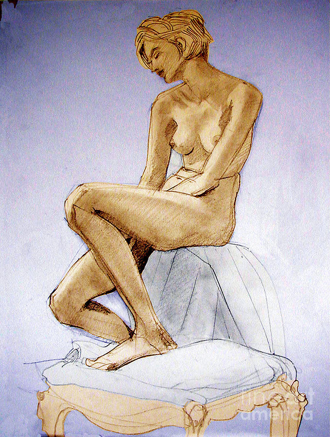 Tinted Figure Drawing of a Seated Female Nude Dreaming Drawing by Greta Corens