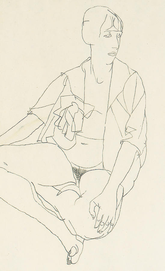 Egon Schiele Drawing - Seated female nude with open blouse by Egon Schiele