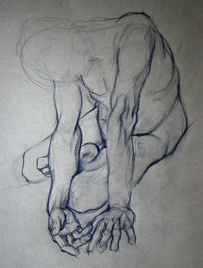 Nude Drawing - Seated male/hand study by Anne Jarvis