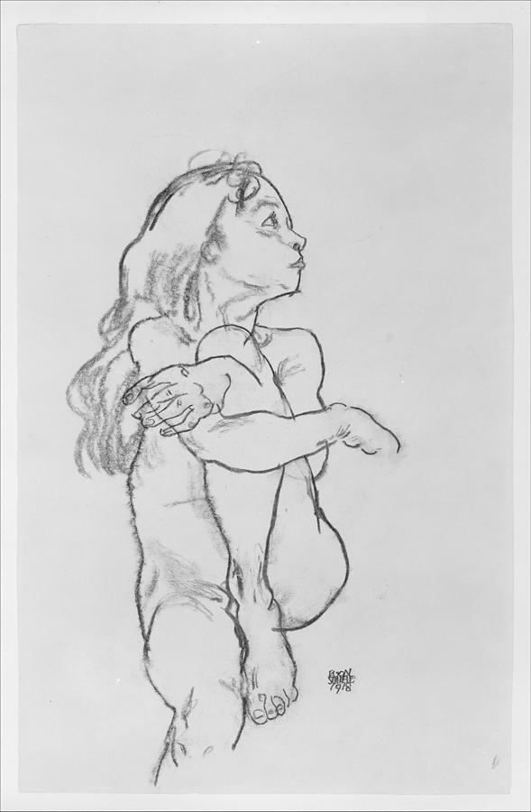 Egon Schiele Drawing - Seated Nude Girl Clasping Her Left Knee by Egon Schiele