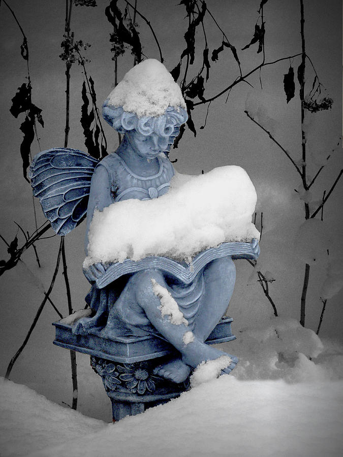 Seated Snow Covered Angel Statue Reading a Book Photograph by Randall Nyhof