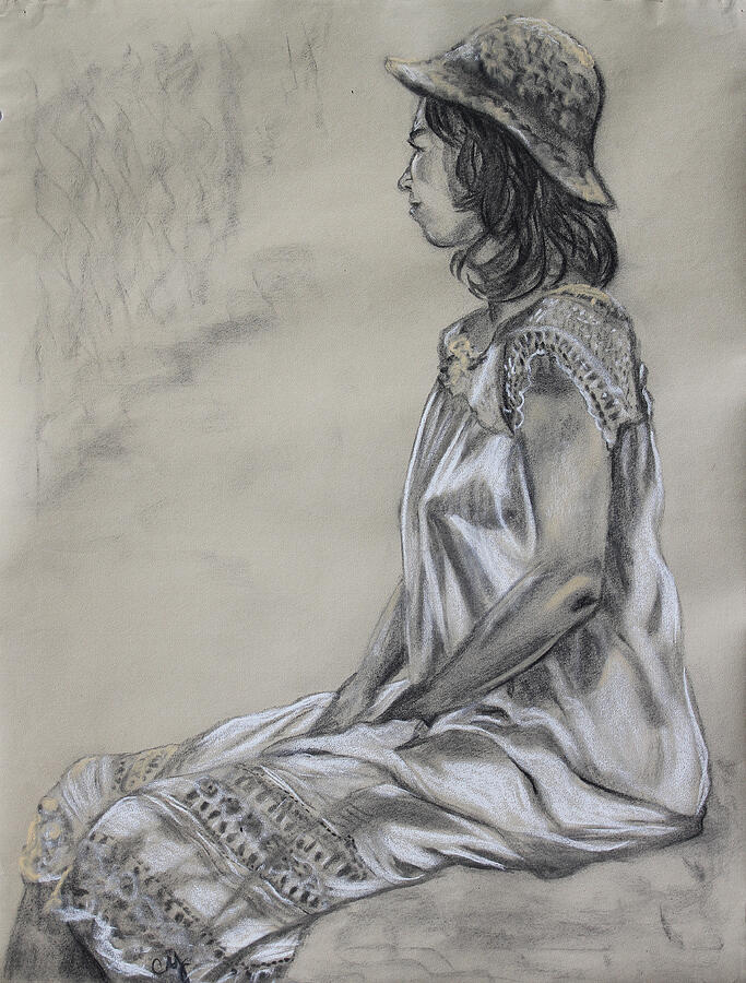 Charcoal Drawing - Seated Woman in a White Dress and Straw Hat by Asha Carolyn Young