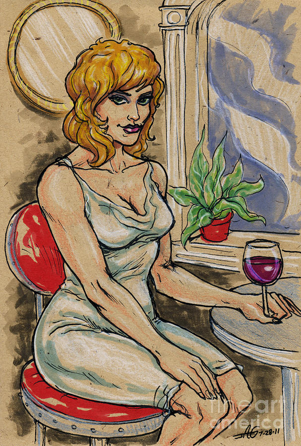 Seated Woman With Wine Drawing