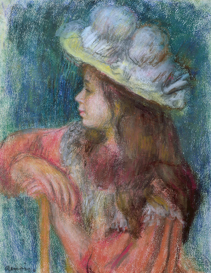 Seated Young Girl in a White Hat Painting by Pierre Auguste Renoir