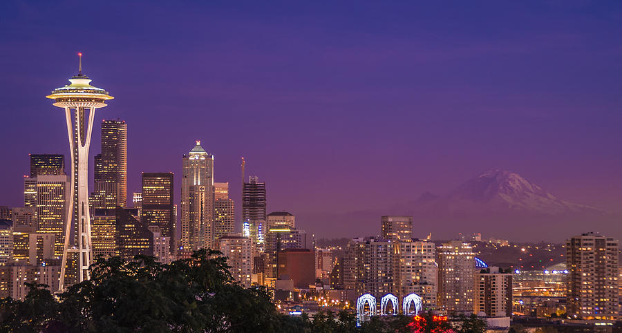Seattle and Mt. Rainier After Dark - City Skyline Night Photograph Photograph by Duane Miller