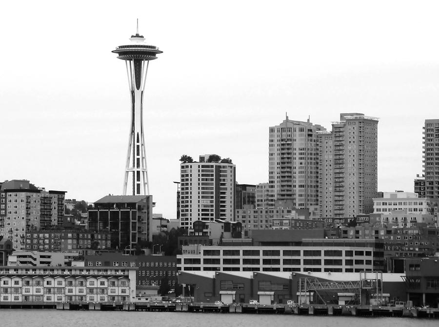 Seattle Cityscape With Space Needle BW Photograph by Connie Fox