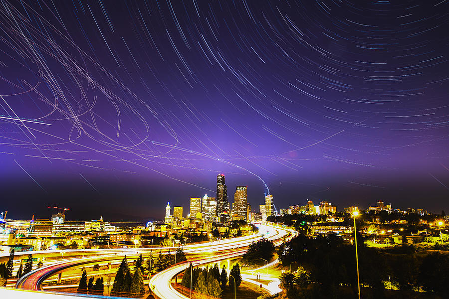 Seattle down town in Star Trail Photograph by Hisao Mogi