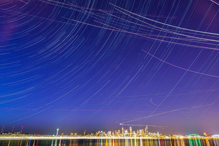 Seattle down town in star trails Photograph by Hisao Mogi