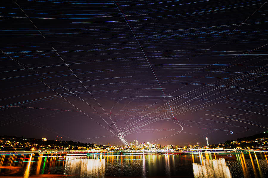 Seattle down town with Star Trails Photograph by Hisao Mogi