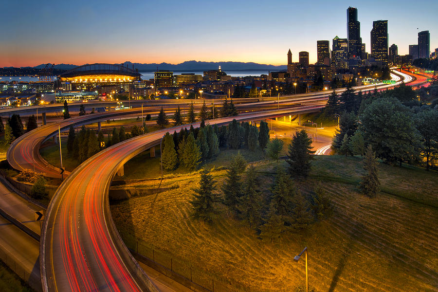 Seattle Downtown Highway Traffic Light Trails Photograph By Jit Lim