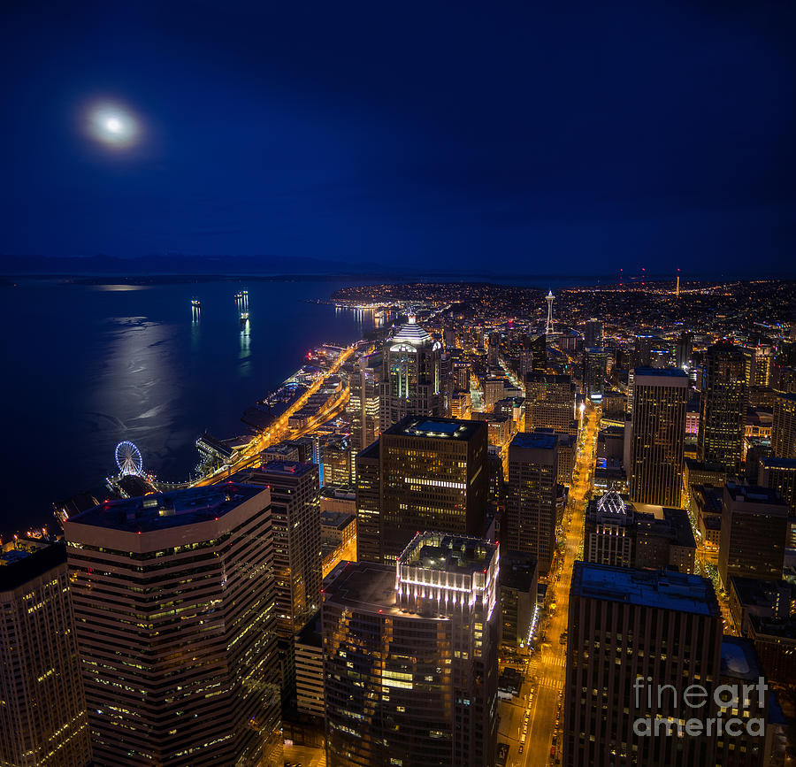 Seattle Downtown Moonrise Photograph