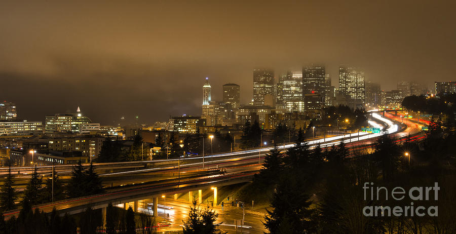 Seattle Downtown Skyline from Dr Jose Rizal Bridge at Dusk  Photograph by Peter Dang