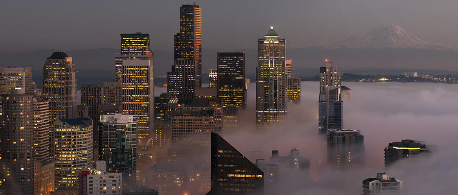 Architecture Photograph - Seattle fog with Mt. Rainer by James Tarver