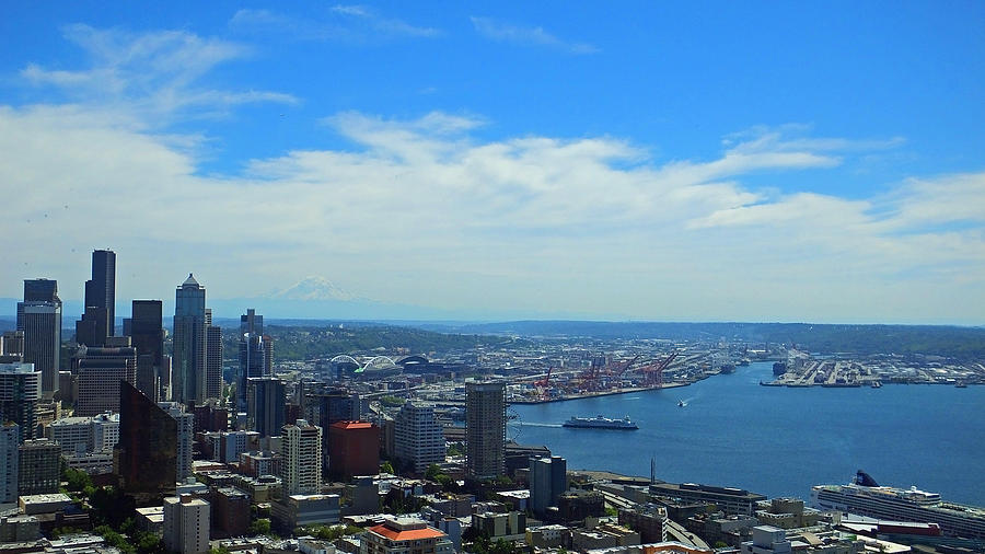 Seattle Harbor and Mt Rainier from Space Needle Photograph by Judy Wanamaker