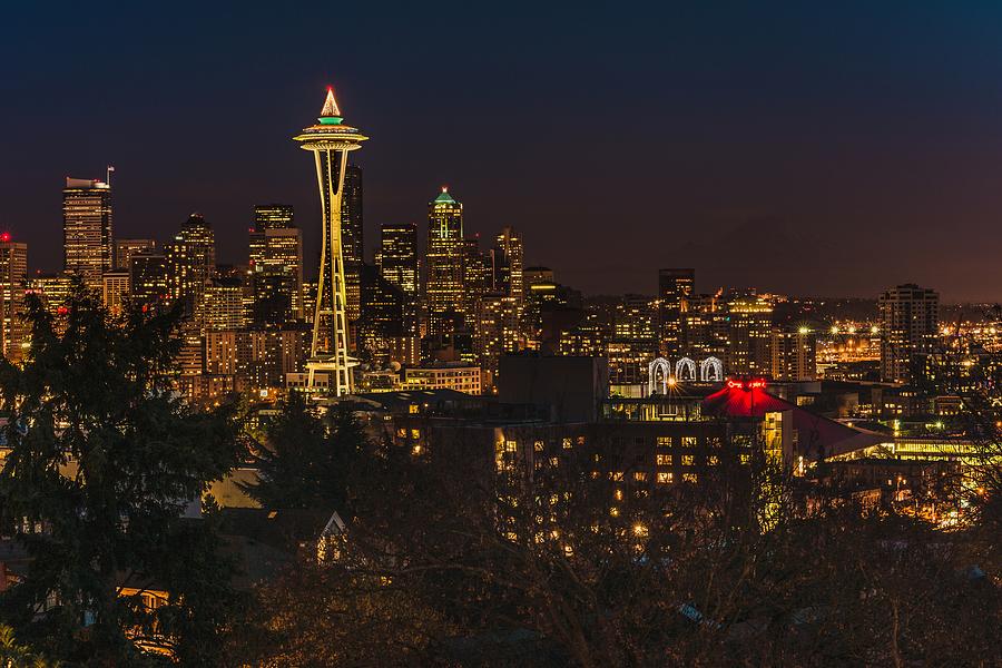 Seattle Night Lights Photograph by Gene Garnace
